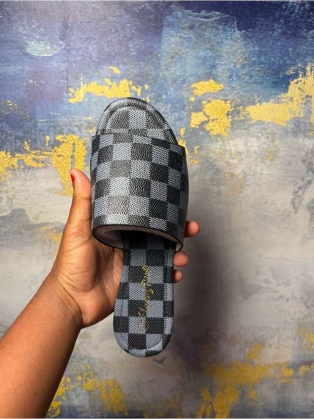 Designer-Style Grey Check Slide Sandals for Women